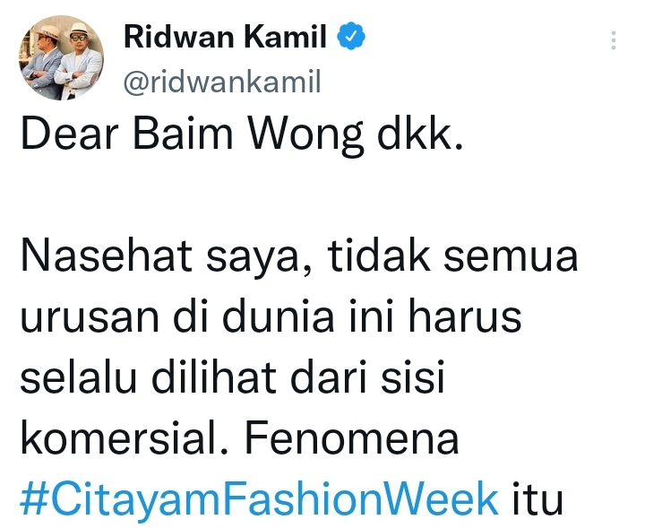 Ridwan Kamil Sentil Baim Wong Soal Citayam Fashion Week