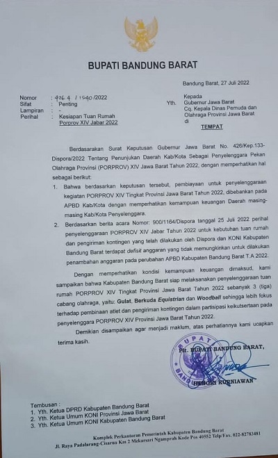 Terbongkar! Ini Alasan Kabupaten Bandung Barat Mengundurkan Diri dari Tuan Rumah Porprov XIV 2022